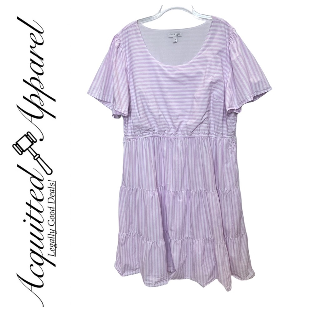 Kim Rogers Curvy Pink & White Striped Tiered Dress with Pockets Size 2X
